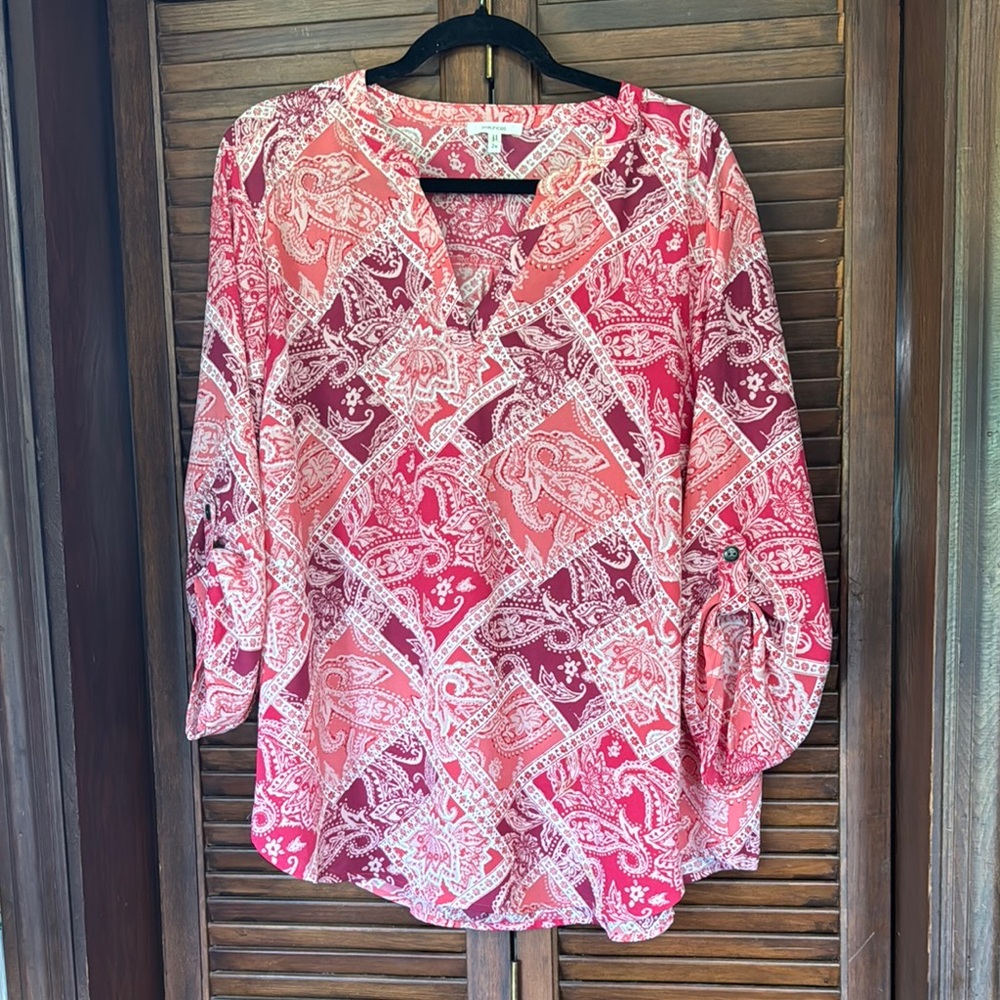 Maurices Pink and Red Graphic Blouse with 3/4 Sleeves